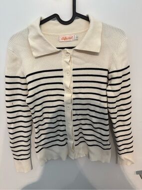Black & White Striped Knit Button-Up Cardigan Sweater | Soft Ribbed Collared Top